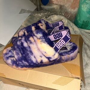 UGG Tie-Dye Purple and Cream Fluffy Sandals